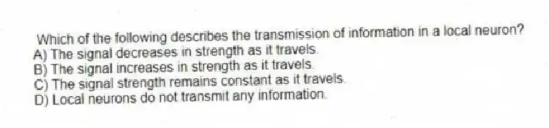 Which of the following describes the transmission of information in a local neuron?
A) The signal decreases in strength as it travels.
B) The signal increases in strength as it travels.
C) The signal strength remains constant as it travels.
D) Local neurons do not transmit any information.