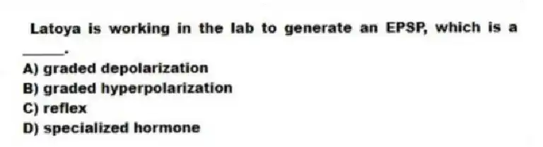 Latoya is working in the lab to generate an EPSP, which is a ______.
A) graded depolarization
B) graded hyperpolarization
C) reflex
D) specialized hormone