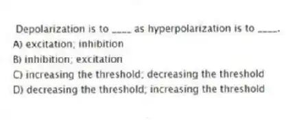 Depolarization is to ____ as hyperpolarization is to ____.
A) excitation; inhibition
B) inhibition; excitation
C) increasing the threshold; decreasing the threshold
D) decreasing the threshold; increasing the threshold
