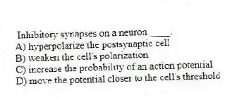 Inhibitory synapses on a neuron ____.
A) hyperpolarize the postsynaptic cell
B) weaken the cell's polarization
C) increase the probability of an action potential
D) move the potential closer to the cell's threshold