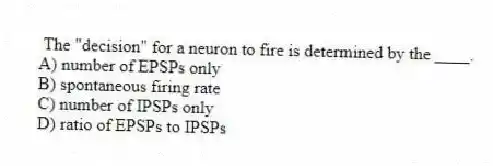 The "decision" for a neuron to fire is determined by the ____.
A) number of EPSPs only
B) spontaneous firing rate
C) number of IPSPs only
D) ratio of EPSPs to IPSPs