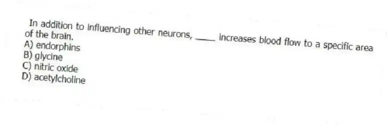 In addition to influencing other neurons, ____ increases blood flow to a specific area of the brain.
A) endorphins
B) glycine
C) nitric oxide
D) acetylcholine