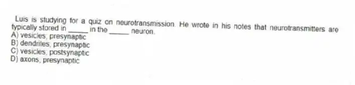 Luis is studying for a quiz on neurotransmission. He wrote in his notes that neurotransmitters are typically stored in _____ in the _____ neuron.
A) vesicles; presynaptic
B) dendrites; presynaptic
C) vesicles; postsynaptic
D) axons; presynaptic