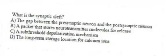What is the synaptic cleft?
A) The gap between the presynaptic neuron and the postsynaptic neuron
B) A packet that stores neurotransmitter molecules for release
C) A subthreshold depolarization mechanism
D) The long-term storage location for calcium ions