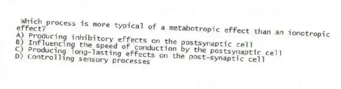 Which process is more typical of a metabotropic effect than an ionotropic effect?
A) Producing inhibitory effects on the postsynaptic cell
B) Influencing the speed of conduction by the postsynaptic cell
C) Producing long-lasting effects on the post-synaptic cell
D) Controlling sensory processes