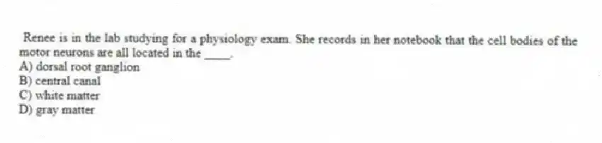 Renee is in the lab studying for a physiology exam. She records in her notebook that the cell bodies of the motor neurons are all located in the ____.
A) dorsal root ganglion
B) central canal
C) white matter
D) gray matter