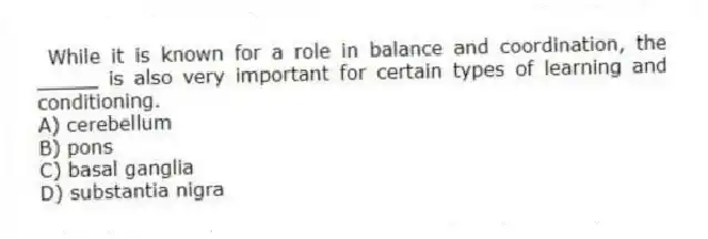 While it is known for a role in balance and coordination, the _____ is also very important for certain types of learning and conditioning.
A) cerebellum
B) pons
C) basal ganglia
D) substantia nigra