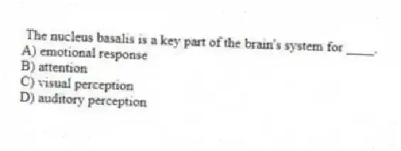 The nucleus basalis is a key part of the brain's system for ____.
A) emotional response
B) attention
C) visual perception
D) auditory perception