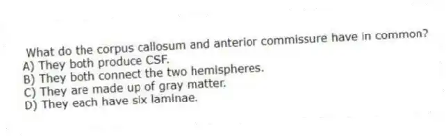 What do the corpus callosum and anterior commissure have in common?
A) They both produce CSF.
B) They both connect the two hemispheres.
C) They are made up of gray matter.
D) They each have six laminae.