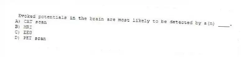 Evoked potentials in the brain are most likely to be detected by a(n) ____.
A) CAT scan
B) MRI
C) EEG
D) PET scan