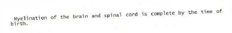 Myelination of the brain and spinal cord is complete by the time of birth.