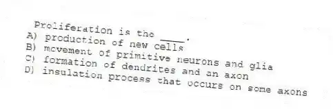 Proliferation is the ____.
A) production of new cells
B) movement of primitive neurons and glia
C) formation of dendrites and an axon
D) insulation process that occurs on some axons
