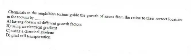  Chemicals in the amphibian tectum guide the growth of axons from the retina to their correct location in the tectum by ____.
A) having dozens of different growth factors
B) using an electrical gradient
C) using a chemical gradient
D) glial cell transportation