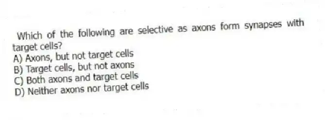 Which of the following are selective as axons form synapses with target cells?
A) Axons, but not target cells
B) Target cells, but not axons
C) Both axons and target cells
D) Neither axons nor target cells
