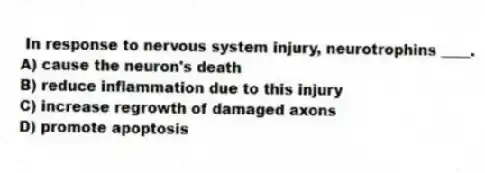 In response to nervous system injury, neurotrophins ____.
A) cause the neuron's death
B) reduce inflammation due to this injury
C) increase regrowth of damaged axons
D) promote apoptosis
