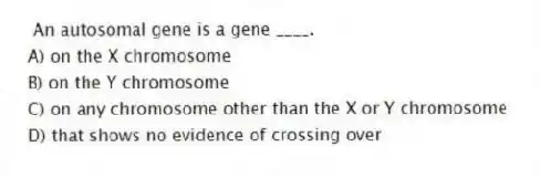 An autosomal gene is a gene ____.
A) on the X chromosome
B) on the Y chromosome
C) on any chromosome other than the X or Y chromosome
D) that shows no evidence of crossing over