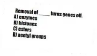 Removal of ____ turns genes off.
A) enzymes
B) histones
C) esters
D) acetyl groups