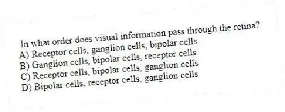 In what order does visual information pass through the retina?
A) Receptor cells, ganglion cells, bipolar cells
B) Ganglion cells, bipolar cells, receptor cells
C) Receptor cells, bipolar cells, ganglion cells
D) Bipolar cells, receptor cells, ganglion cells