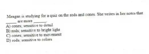 Meagan is studying for a quiz on the rods and cones. She writes in her notes that _____ are more ______.
A) cones; sensitive to detail
B) rods; sensitive to bright light
C) cones; sensitive to movement
D) rods; sensitive to colors