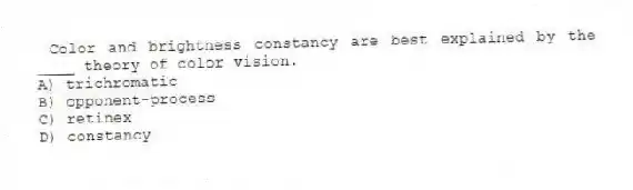 Color and brightness constancy are best explained by the ____ theory of color vision.
A) trichromatic
B) opponent-process
C) retinex
D) constancy