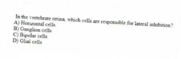 In the vertebrate retina, which cells are responsible for lateral inhibition?
A) Horizontal cells
B) Ganglion cells
C) Bipolar cells
D) Glial cells
