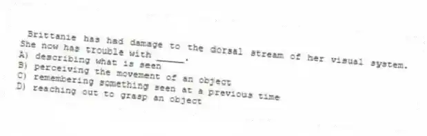 Brittanie has had damage to the dorsal stream of her visual system. She now has trouble with _____.
A) describing what is seen
B) perceiving the movement of an object
C) remembering something seen at a previous time
D) reaching out to grasp an object