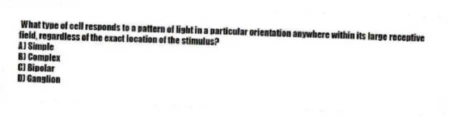 What type of cell responds to a pattern of light in a particular orientation anywhere within its large receptive field, regardless of the exact location of the stimulus?
A) Simple
B) Complex
C) Bipolar
D) Ganglion