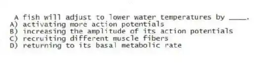 A fish will adjust to lower water temperatures by ____.
A) activating more action potentials
B) increasing the amplitude of its action potentials
C) recruiting different muscle fibers
D) returning to its basal metabolic rate