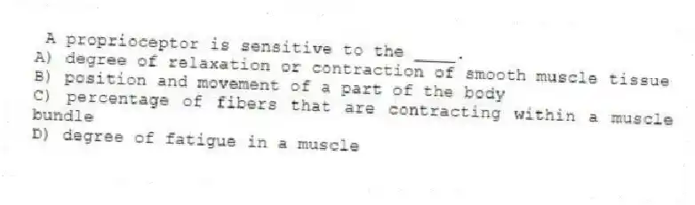 A proprioceptor is sensitive to the ____.
A) degree of relaxation or contraction of smooth muscle tissue
B) position and movement of a part of the body
C) percentage of fibers that are contracting within a muscle bundle
D) degree of fatigue in a muscle