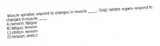 Muscle spindles respond to changes in muscle ____; Golgi tendon organs respond to changes in muscle ____.
A) tension; fatigue
B) fatigue; tension
C) stretch; tension
D) tension; stretch