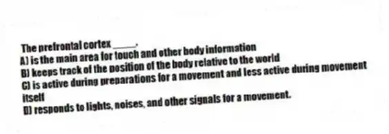 The prefrontal cortex ____.
A) is the main area for touch and other body information
B) keeps track of the position of the body relative to the world
C) is active during preparations for a movement and less active during movement itself
D) responds to lights, noises, and other signals for a movement.