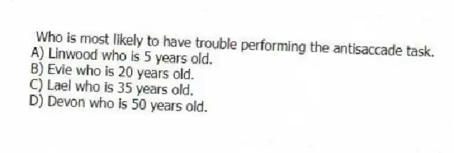 Who is most likely to have trouble performing the antisaccade task.
A) Linwood who is 5 years old.
B) Evie who is 20 years old.
C) Lael who is 35 years old.
D) Devon who is 50 years old.
