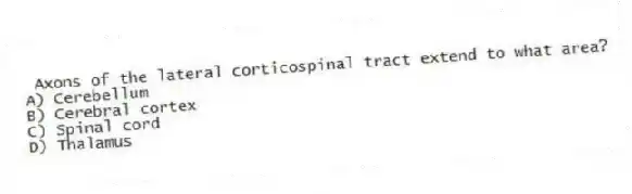 Axons of the lateral corticospinal tract extend to what area?
A) Cerebellum
B) Cerebral cortex
C) Spinal cord
D) Thalamus