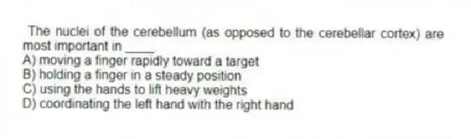 The nuclei of the cerebellum (as opposed to the cerebellar cortex) are most important in ____.
A) moving a finger rapidly toward a target
B) holding a finger in a steady position
C) using the hands to lift heavy weights
D) coordinating the left hand with the right hand