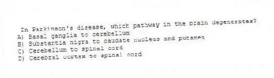 In Parkinson's disease, which pathway in the brain degenerates?
A) Basal ganglia to cerebellum
B) Substantia nigra to caudate nucleus and putamen
C) Cerebellum to spinal cord
D) Cerebral cortex to spinal cord