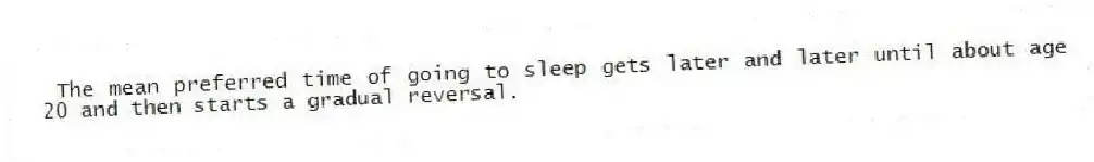 The mean preferred time of going to sleep gets later and later until about age 20 and then starts a gradual reversal.