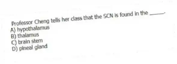  Professor Cheng tells her class that the SCN is found in the _____.
A) hypothalamus
B) thalamus
C) brain stem
D) pineal gland
