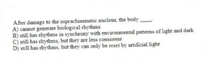 After damage to the suprachiasmatic nucleus, the body ____.
A) cannot generate biological rhythms
B) still has rhythms in synchrony with environmental patterns of light and dark
C) still has rhythms, but they are less consistent
D) still has rhythms, but they can only be reset by artificial light