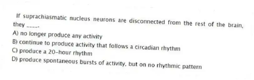 If suprachiasmatic nucleus neurons are disconnected from the rest of the brain, they ____.
A) no longer produce any activity
B) continue to produce activity that follows a circadian rhythm
C) produce a 20-hour rhythm
D) produce spontaneous bursts of activity, but on no rhythmic pattern