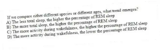 If we compare either different species or different ages, what trend emerges?
A) The less total sleep, the higher the percentage of REM sleep
B) The more total sleep, the higher the percentage of REM sleep
C) The more activity during wakefulness, the higher the percentage of REM sleep
D) The more activity during wakefulness, the lower the percentage of REM sleep