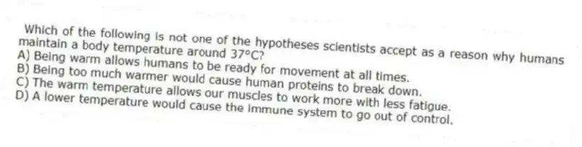 Which of the following is not one of the hypotheses scientists accept as a reason why humans maintain a body temperature around 37°C?
A) Being warm allows humans to be ready for movement at all times.
B) Being too much warmer would cause human proteins to break down.
C) The warm temperature allows our muscles to work more with less fatigue.
D) A lower temperature would cause the immune system to go out of control.