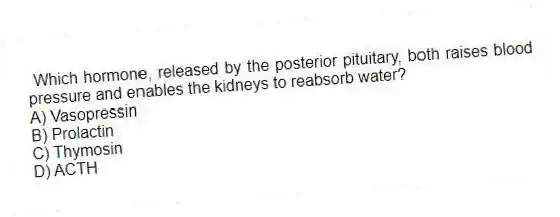 Which hormone, released by the posterior pituitary, both raises blood pressure and enables the kidneys to reabsorb water?
A) Vasopressin
B) Prolactin
C) Thymosin
D) ACTH