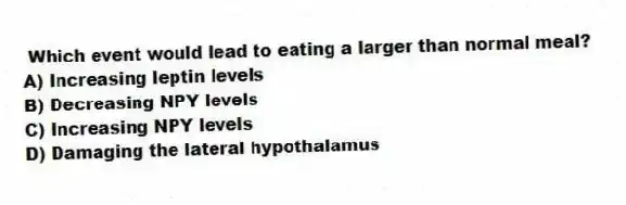 Which event would lead to eating a larger than normal meal?
A) Increasing leptin levels
B) Decreasing NPY levels
C) Increasing NPY levels
D) Damaging the lateral hypothalamus