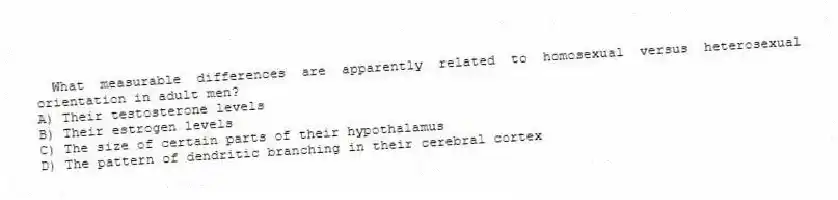 What measurable differences are apparently related to homosexual versus heterosexual orientation in adult men?
A) Their testosterone levels
B) Their estrogen levels
C) The size of certain parts of their hypothalamus
D) The pattern of dendritic branching in their cerebral cortex