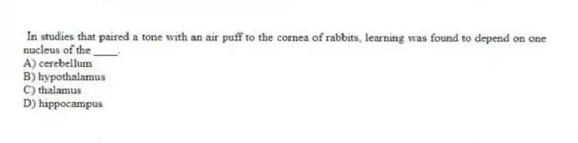 In studies that paired a tone with an air puff to the cornea of rabbits, learning was found to depend on one nucleus of the ____.
A) cerebellum
B) hypothalamus
C) thalamus
D) hippocampus