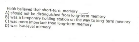 Hebb believed that short-term memory ____.
A) should not be distinguished from long-term memory
B) was a temporary holding station on the way to long-term memory
C) was more important than long-term memory
D) was low-level memory