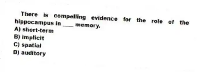 There is compelling evidence for the role of the hippocampus in ____ memory.
A) short-term
B) implicit
C) spatial
D) auditory