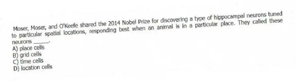 Moser, Moser, and O'Keefe shared the 2014 Nobel Prize for discovering a type of hippocampal neurons tuned to particular spatial locations, responding best when an animal is in a particular place. They called these neurons _____.
A) place cells
B) grid cells
C) time cells
D) location cells