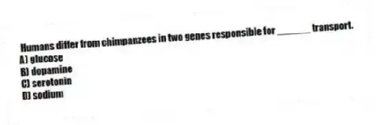 Humans differ from chimpanzees in two genes responsible for ______ transport.
A) glucose
B) dopamine
C) serotonin
D) sodium