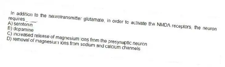 In addition to the neurotransmitter glutamate, in order to activate the NMDA receptors, the neuron requires ____.
A) serotonin
B) dopamine
C) increased release of magnesium ions from the presynaptic neuron
D) removal of magnesium ions from sodium and calcium channels